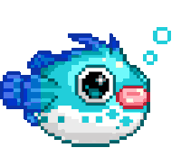 a pixel art of a blue fish with bubbles around it 's mouth