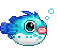 a pixel art of a blue fish with bubbles around it 's mouth