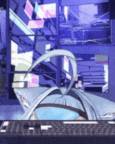 a cartoon character with a cat ear sits on a keyboard