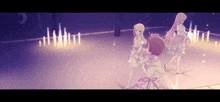 three anime girls are dancing in a room with a purple background