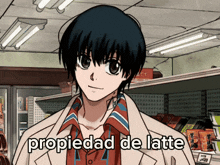 a man in a white coat stands in front of a shelf that says propiedad de latte on it