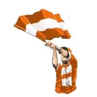 a man in an orange and white striped shirt is holding a flag