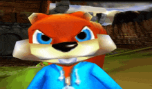 a cartoon squirrel wearing a blue jacket has a very angry look on his face