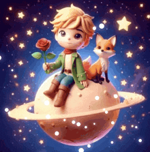 a little prince is sitting on a planet with a fox