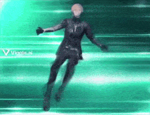 a man in a black suit is flying through the air