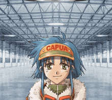 a girl with blue hair and a cap that says capua