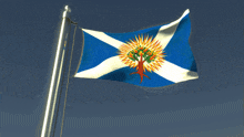a blue white and red flag with a tree on it
