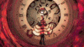 a girl in a red dress is standing in front of a clock with roman numerals on it