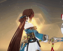 a girl with long hair is holding a sword in her right hand