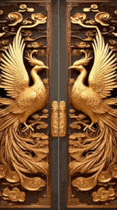 a pair of doors with a statue of two birds on them