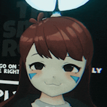 a close up of a girl 's face in front of a sign that says " go on e right "