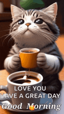 a cat is holding a cup of coffee with the words love you have a great day good morning