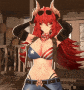 a red haired anime girl wearing a bikini and a skull belt
