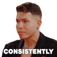 a man wearing a black jacket has the word consistently written on his face