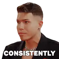 a man wearing a black jacket has the word consistently written on his face