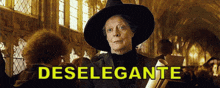 a woman in a witch hat is holding a piece of paper that says " deselegante " on the bottom