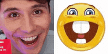 a man is smiling next to a smiley face