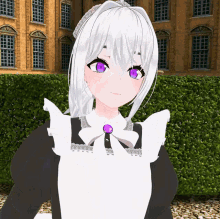 a girl with white hair and purple eyes is wearing a maid costume