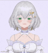 a girl with white hair is wearing a white dress with a bow