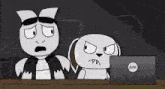 a cartoon dog is sitting at a table with a laptop .
