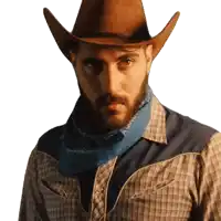 a man with a beard wearing a cowboy hat and a blue bandana