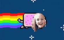 a pixel art of a cat with a rainbow behind it and a girl 's head
