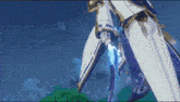 a person holding a sword in a video game with the letter g on their pants