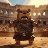 a cartoon of a bear dressed as a gladiator in a arena