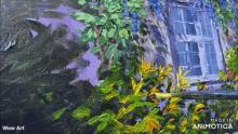a painting of a window with purple flowers is made by wow art