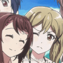a group of anime girls are posing for a picture and one of them has the word kasuariceo on her face