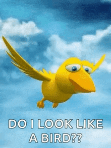 a yellow bird is flying in the sky with the words `` do i look like a bird ? ''