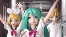 a group of anime characters are standing next to each other with their hands in the air .