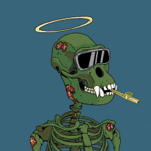 a cartoon drawing of a green skeleton wearing a hat with a red star on it