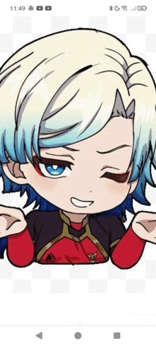 a cartoon of a boy with blue hair and a red shirt