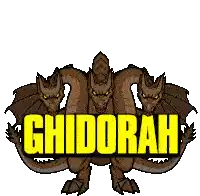 a cartoon drawing of a three headed dragon with the word ghidorah in yellow letters