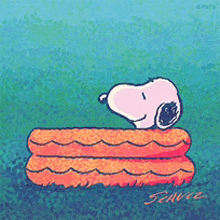 a cartoon of snoopy laying on a stack of hotdogs