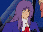 a cartoon character with purple hair and a badge that says aa on it