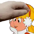 a cartoon girl with a flower on her ear is being touched by a dog 's hand .