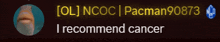 a blurred image of a face with the words i recommend cancer