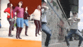 a group of people are dancing in front of a wall that has bicycles on it