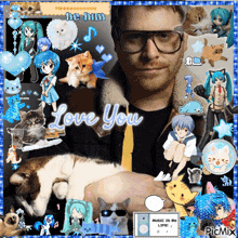 a picture of a man holding a cat with the words love you written above him