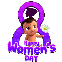a baby is holding a flower in front of a purple 8 and the words happy women 's day