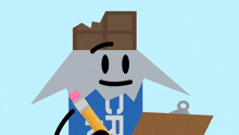 a cartoon character with a chocolate bar on his head holding a pencil