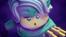 a close up of a lego character with a surprised expression on his face