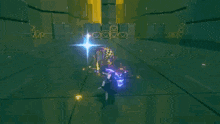 a person is holding a sword in a video game and a purple light is coming out of it .