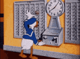a cartoon of donald duck looking at a clock with the hands on the numbers 1 through 12