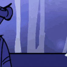 a cartoon character is standing in front of a window in a dark forest .