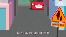 a hyundai ad shows a red car and a sign that says school zone