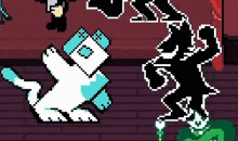a pixel art of a dog and a ghost dancing in a video game .