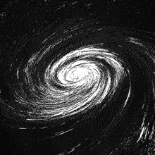 a black and white drawing of a spiral in the sky